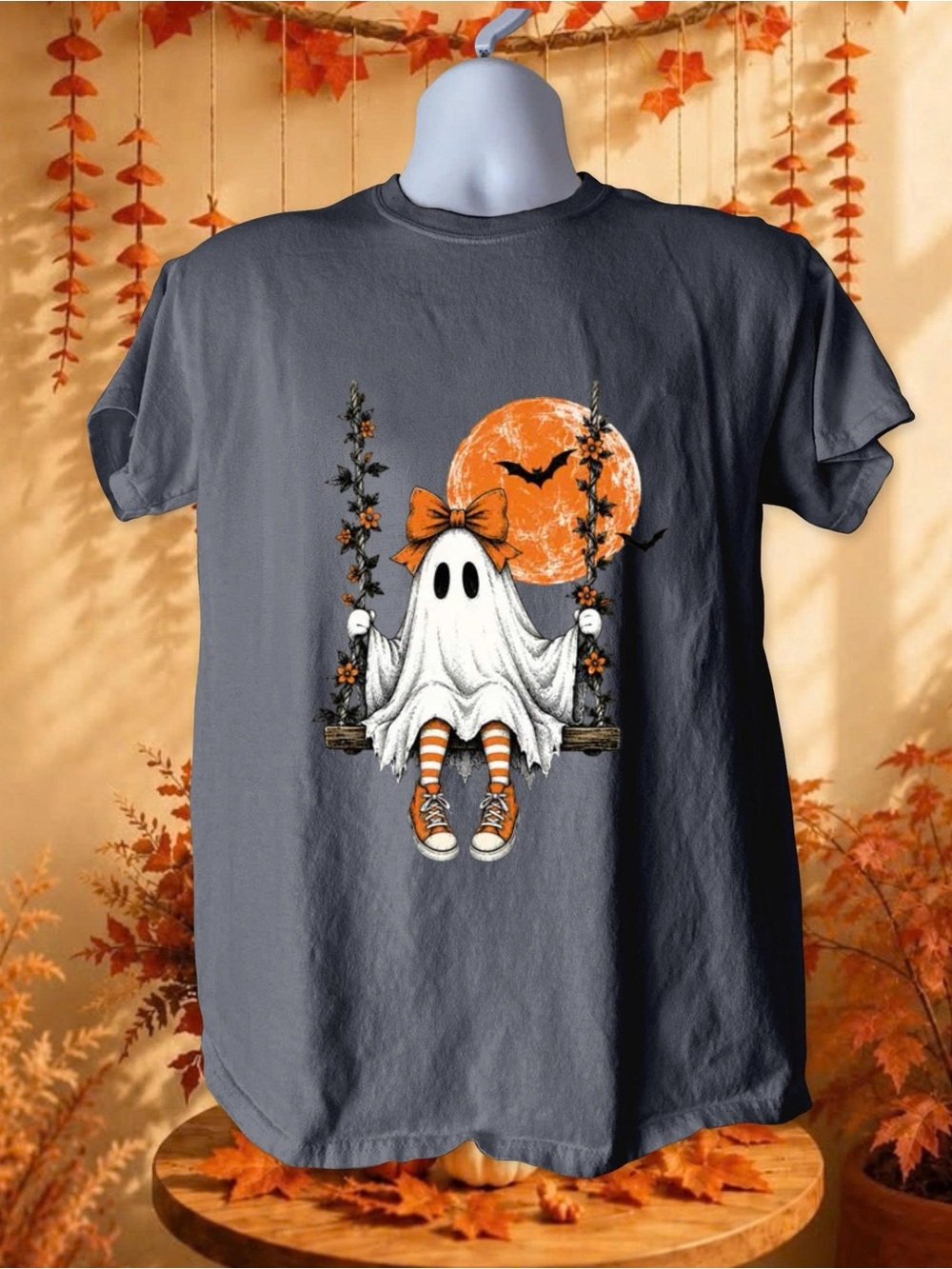 Spooky Season Cute Ghost Swing Graphic Tee Halloween Fall